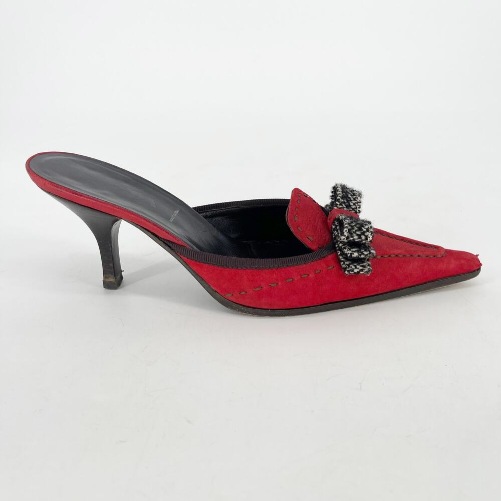 Prada Vintage Red Suede Tweed Bow Pointed Toe Kitten Heel Mule Heels IT 36.5 - Picture 2 of 11